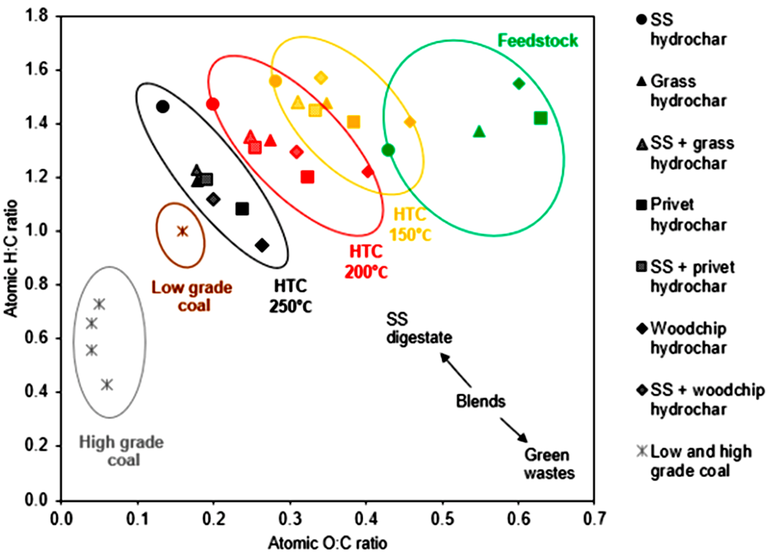 Van Krevelen diagram (H:C ratio vs O:C ratio) for lignocellulosic biomass, SS digestate feedstock, and resultant chars
