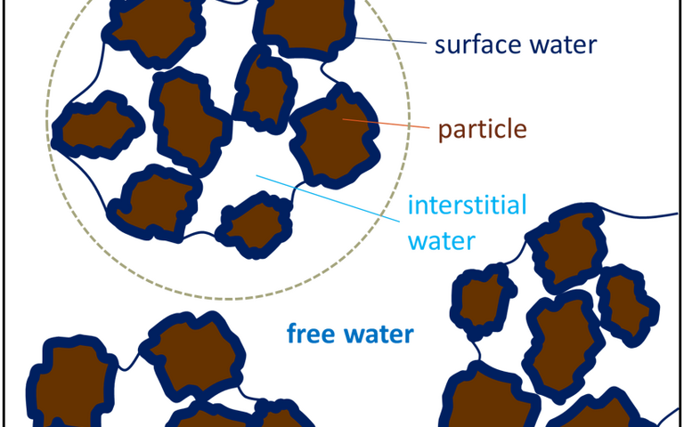 Sludge water fractions for flocs and particles:  surface water, floc water, interstitial water and free water