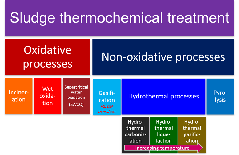 Hierarchy of thermochemical methods for sludge treatment, showing the oxidative processes of incineration, wet (or wet air) oxidation and supercritical water oxidation along with the non-oxidative processes of pyrolysis, gasification and hydrothermal treatment.