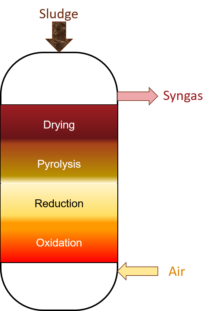 Counter-current gasifier reactor, showing four regions/steps of organics conversion to the syngas product. The four regions, from the reactor inlet to its outlet, are oxidation, reduction, pyrolysis and drying.